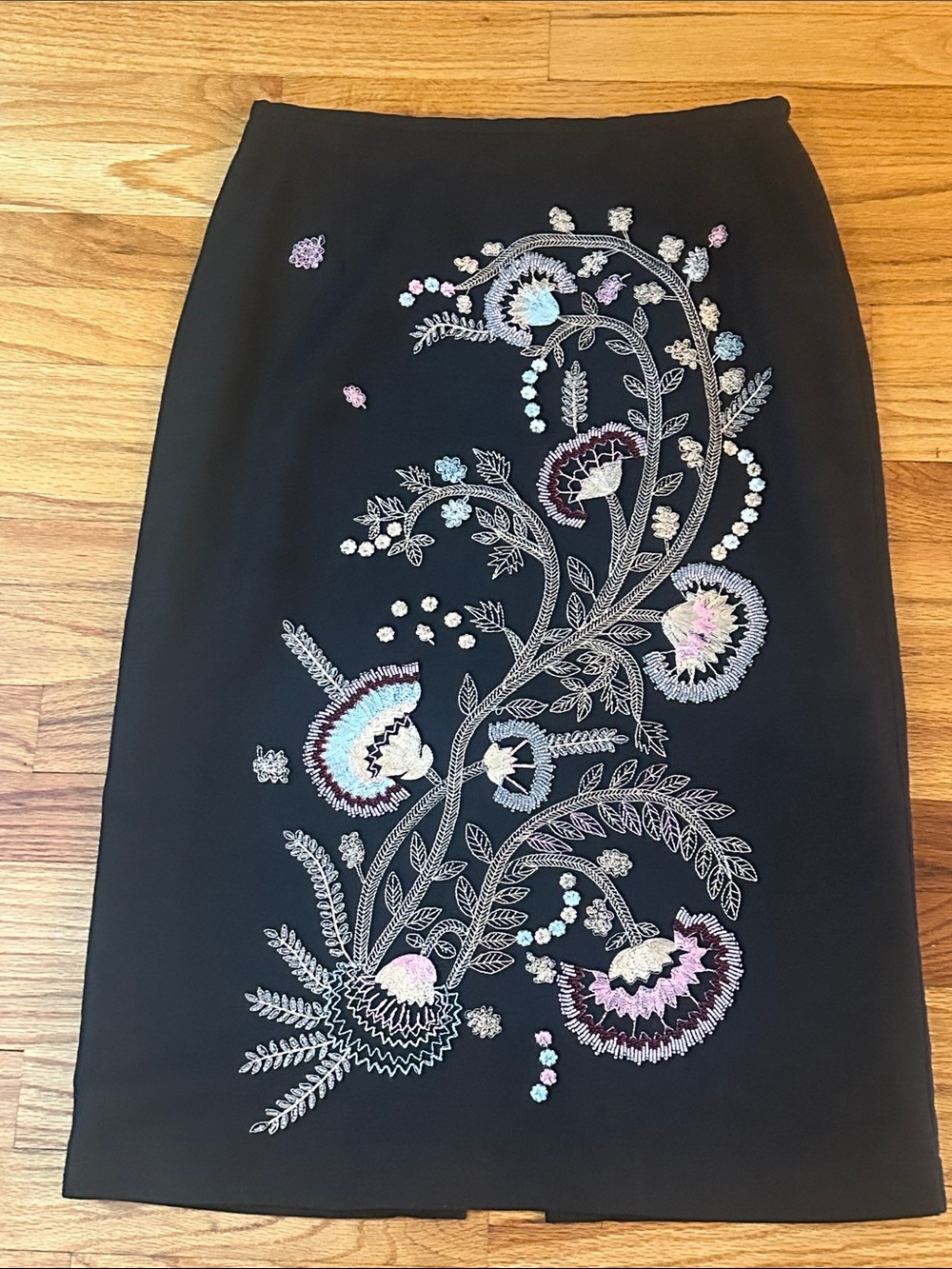 Vinted Ecologie Black Embroidered & Beaded Floral Midi Skirt Sz 12